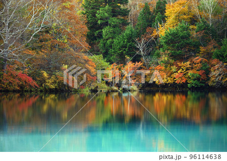 日本の美しい紅葉の風景 絵画の様な日光湯ノ湖の風景の写真素材 