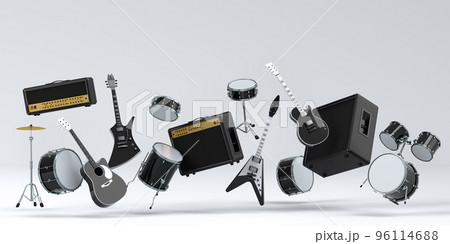 Set of electric acoustic guitars and drums with cymbals on white background Set of electric acoustic guitars and drums with cymbals on white background 96114688