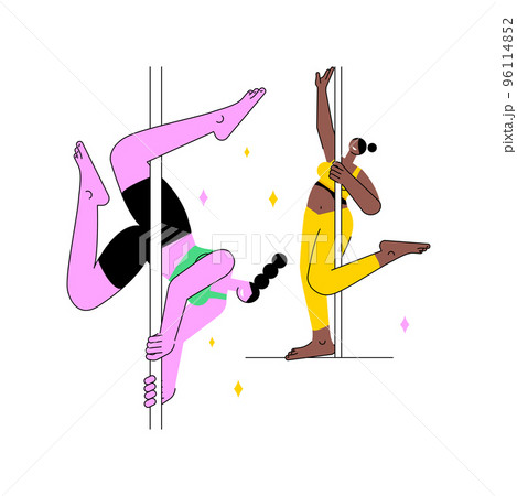 Pole dance classes isolated cartoon vector illustrations. Athletic girls do pole dancing in the studio together, physical activity with friend, professional performance vector cartoon. 96114852