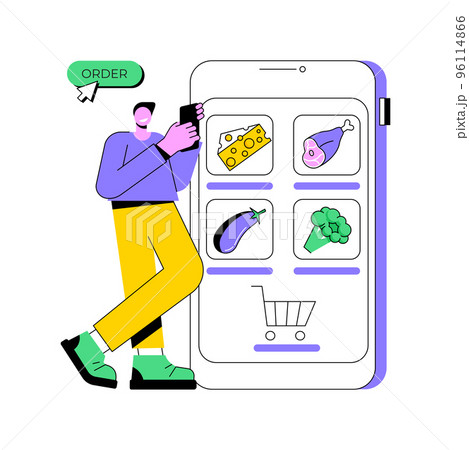 Making order online isolated cartoon vector illustrations. Young man holding phone in hands and buying food online, grocery shopping via internet, curbside pickup service vector cartoon. 96114866