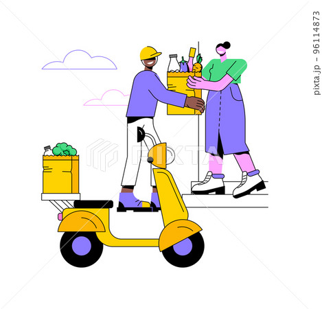 Food delivery isolated cartoon vector illustrations. Smiling girl receiving her online products order from courier, takeaway lunch, food delivery process, urban lifestyle vector cartoon. 96114873