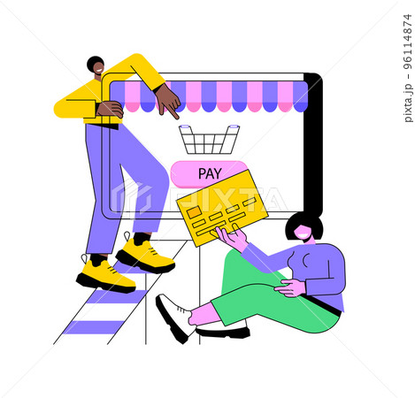 Paying order isolated cartoon vector illustrations. Young couple paying for online grocery shopping with tablet, buying food via internet, modern product delivery process vector cartoon. 96114874