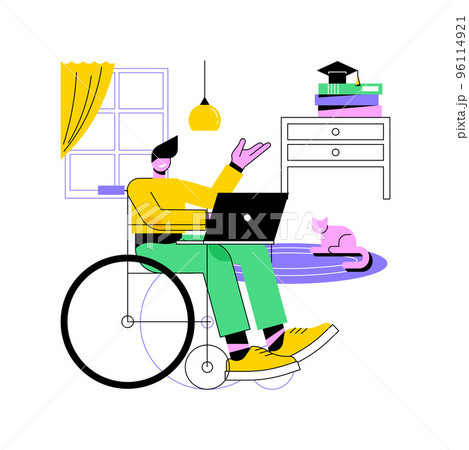 Study from home isolated cartoon vector illustrations. Disabled man in wheelchair with laptop studying at home, distance learning, virtual education, flexible schedule vector cartoon. 96114921