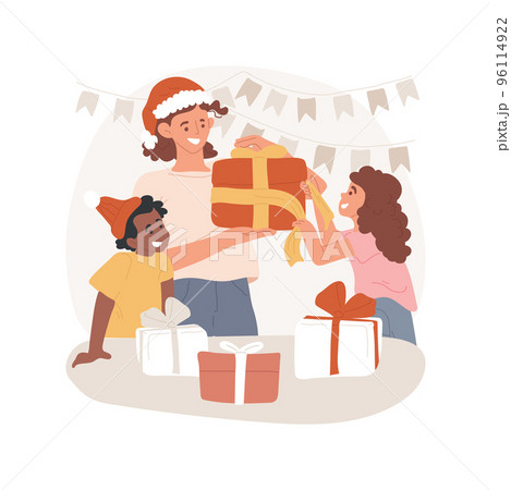 Gifts decoration isolated cartoon vector illustration. Smiling mother and kids wrapping gifts for xmas, happy winter holidays, Christmas time with family, festive days vector cartoon. 96114922
