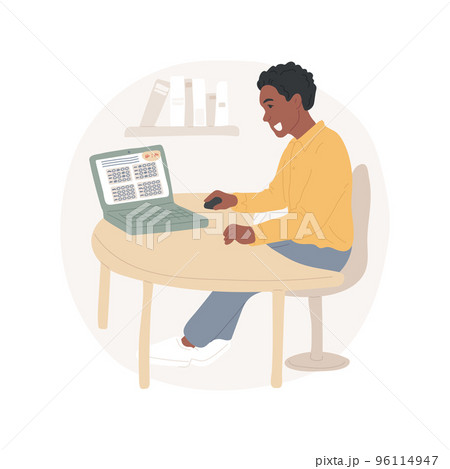College preparatory test isolated cartoon vector illustration. College preparation, testing online, standardized annual examination, teenager writing test with timer on computer vector cartoon. 96114947