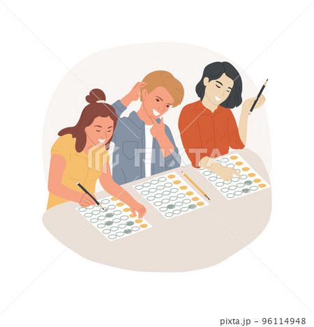 Standardized annual examination isolated cartoon vector illustration. Standardized exam preparation, college preparatory and scholarship testing, group of teenagers writing test vector cartoon. 96114948