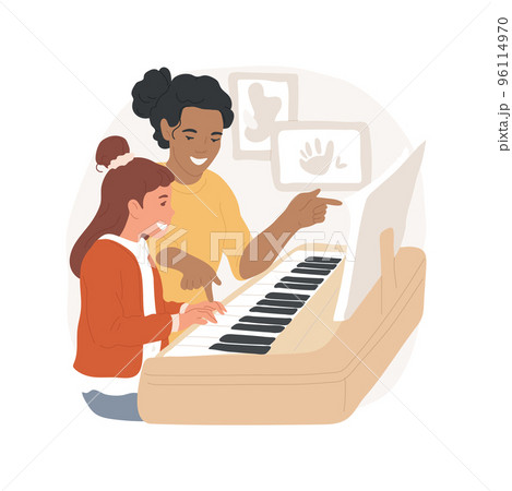 Learn note staff and keys isolated cartoon vector illustration. Child reading sheet music, teaching notes and keys to children, elementary school curriculum, singing lesson vector cartoon. 96114970