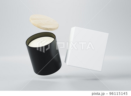 Black ceramic glass jar candle with wooden lid and box 3D render mockup 96115145
