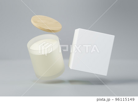 Frosted glass jar candle with wooden lid and box 3D render mockup 96115149