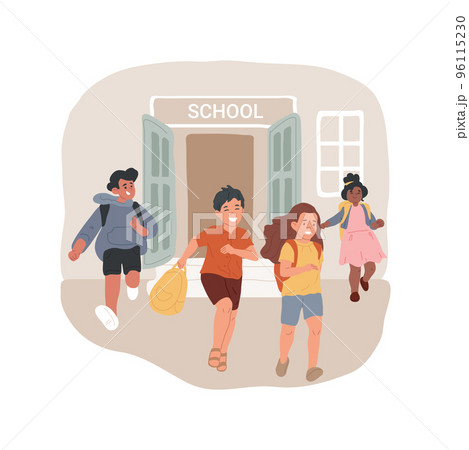 School holidays isolated cartoon vector illustration. Happy students leave school, children running out the doors, school life, summer holiday, kids lifestyle, end of studies vector cartoon. School holidays isolated cartoon vector illustration. Happy students leave school, children running out the doors, school life, summer holiday, kids lifestyle, end of studies vector cartoon. 96115230