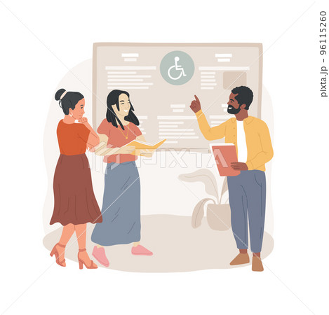 Individualised curriculum isolated cartoon vector illustration. Teachers sit together discussing curriculum, replacing activities, individualized classes for disabled children vector cartoon. 96115260