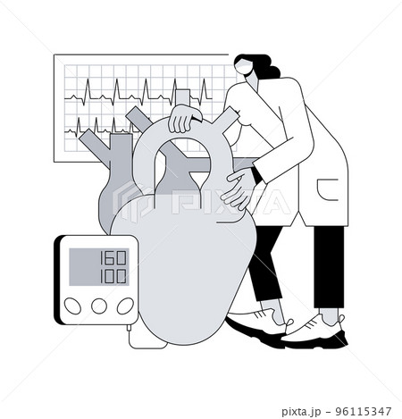 Hypertension abstract concept vector illustration. Cardiological problem, high blood pressure, measuring device, cholesterol level diagnostic, hypertension cause, ambulance abstract metaphor. 96115347