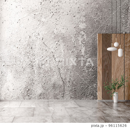 Empty Interior background of room with white gray stucco or concrete wall and natural wood paneling. Decorative vase with plant on marble tiled floor. 3d rendering Empty Interior background of room with white gray stucco or concrete wall and natural wood paneling. Decorative vase with plant on marble tiled floor. 3d rendering 96115626