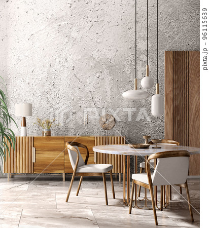 Interior design of modern dining room or living room, marble table and chairs. Wooden sideboard over grunge concrete stucco wall. Home interior. 3d rendering 96115639