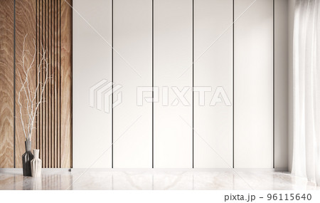 Empty room interior background, white paneling mock up wall. Wooden paneling and marble flooring. Decorative vases with white twig. Home mock up design. 3d rendering Empty room interior background, white paneling mock up wall. Wooden paneling and marble flooring. Decorative vases with white twig. Home mock up design. 3d rendering 96115640