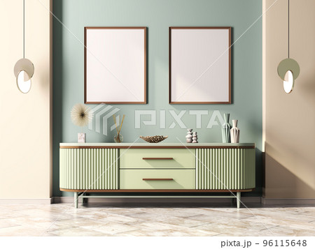 Interior of modern living room with sideboard over green beige wall. Contemporary room with  dresser. Home design with mock up posters. 3d rendering 96115648