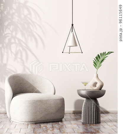 Interior of living room with pendant light, coffee table, armchair over beige mock up wall. Home design. Interior background with copy space. 3d rendering 96115649