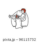 Hand drawn curly boy sitting in chair with laptop doodle style, vector illustration isolated on white background. Working at home, relaxing character, comfort 96115732