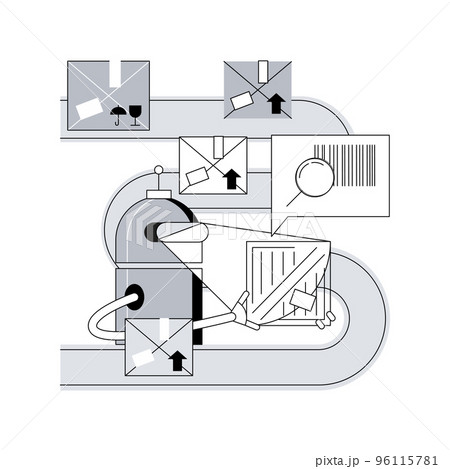 Barcode scanning abstract concept vector illustration. Barcode generator software, warehouse logistics, parcel tracking and sorting, warehouse automation system, solution abstract metaphor. 96115781