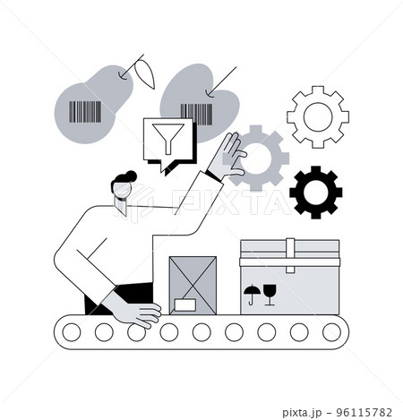 Sortation systems abstract concept vector illustration. Product sortation, conveyor based system, automated sorting process, product identification, logistics order processing abstract metaphor. Sortation systems abstract concept vector illustration. Product sortation, conveyor based system, automated sorting process, product identification, logistics order processing abstract metaphor. 96115782
