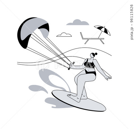 Kitesurfing abstract concept vector illustration. Kiteboarding, parachute water sport, flying adventure, wind speed, extreme fun, action camera, freestyle trick, freedom abstract metaphor. 96115826