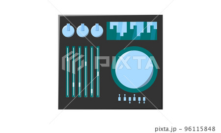ld retro vintage green audio music equipment vinyl dj board with sliders and cranks and buttons from the 70s, 80s, 90s. Vector illustration ld retro vintage green audio music equipment vinyl dj board with sliders and cranks and buttons from the 70s, 80s, 90s. Vector illustration 96115848