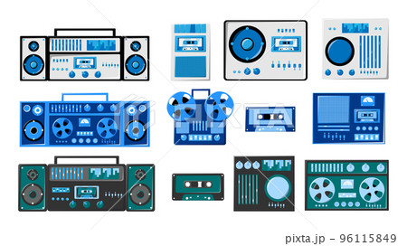Set of bleautiful old retro vintage hipster musical electronics equipment: audio cassette recorder with magnetic tape, dj console from 70s, 80s, 90s. Vector illustration Set of bleautiful old retro vintage hipster musical electronics equipment: audio cassette recorder with magnetic tape, dj console from 70s, 80s, 90s. Vector illustration 96115849