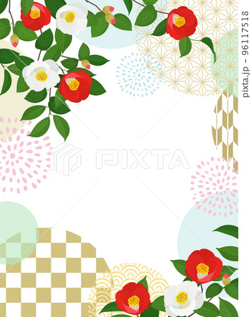 椿と和柄の囲みフレーム_縦（3：4） 96117518