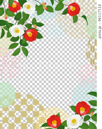 椿と和柄の囲みフレーム_縦（3：4） 96117518