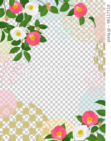 山茶花和日本圖案框架_垂直(3:4) 山茶花和日本圖案框架_垂直(3:4) 96117519