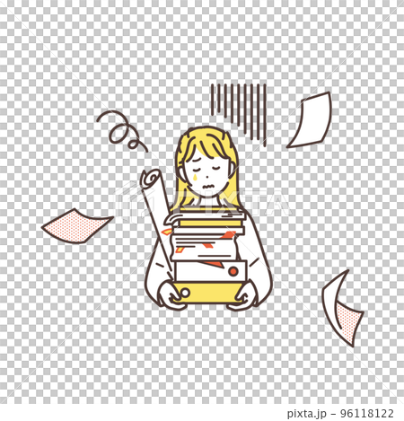 多忙なビジネスウーマンのイラスト素材　ペーパーレス化の進まない業務 96118122