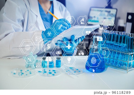 Coronavirus COVID 19 medical test vaccine research and development concept. Scientist in laboratory study and analyze scientific sample of Coronavirus 96118289
