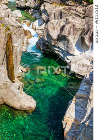 View of the Verzasca river in Lavertezzo, Verzasca Valley, Ticino Canton, Switzerland 96118513