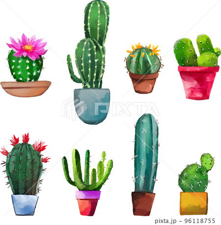 サボテンの水彩風ベクターイラストセットのイラスト素材 [96118755