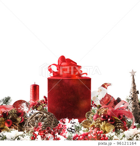 Christmas background concept. Shimmering Christmas decorations with gift, tree, Santa Claus and candles Christmas background concept. Shimmering Christmas decorations with gift, tree, Santa Claus and candles 96121164