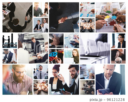 Business collage with scene of business person at work 96121228