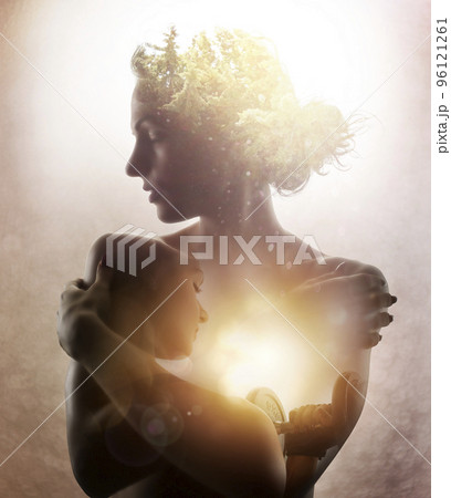 Girl with tree in hair and fitness spirit inside. Double exposure Girl with tree in hair and fitness spirit inside. Double exposure 96121261