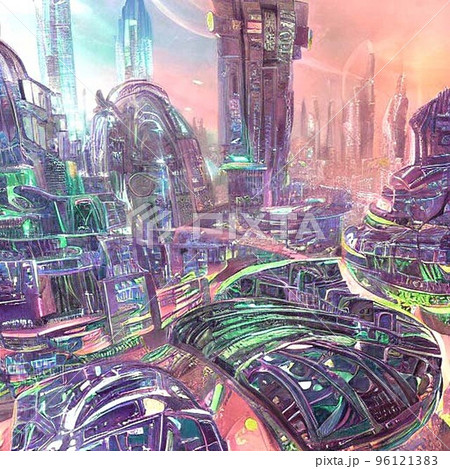 未来的な都市のグラフィックアート 未来的またはファンタジーの背景のためのガラス、金属構造のSF