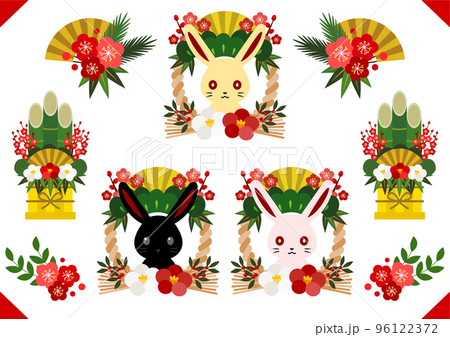 正面兎と結び目下しめ飾りの卯年アイコンセット 96122372