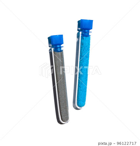 Copper(II) sulfate and Zinc Powder in test tube with plug cap. Cosmetic chemicals ingredient on laboratory table. Top View 96122717