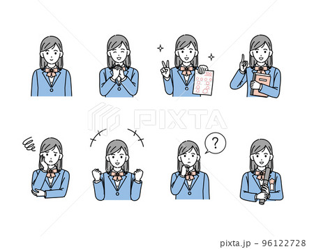 中高生の女子生徒のイラスト　学生のポーズバリエーションセット 96122728