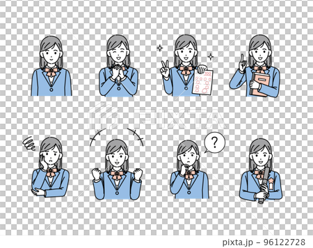 中高生の女子生徒のイラスト　学生のポーズバリエーションセット 96122728