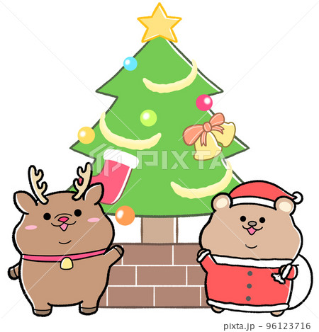ゆるかわクマサンタとクリスマスツリー1のイラスト素材