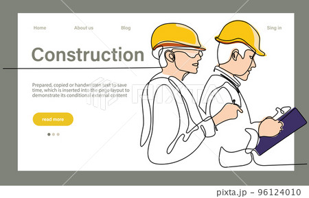 Vector landing page of architecture works with protective face masks for safety in machine industrial factory. Continuous one line drawing for your minimal design Vector landing page of architecture works with protective face masks for safety in machine industrial factory. Continuous one line drawing for your minimal design 96124010
