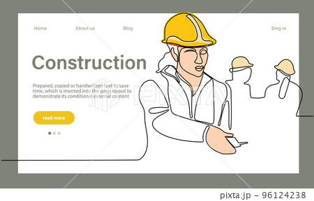 Vector landing page of architecture works with protective face masks for safety in machine industrial factory. Continuous one line drawing for your minimal design Vector landing page of architecture works with protective face masks for safety in machine industrial factory. Continuous one line drawing for your minimal design 96124238