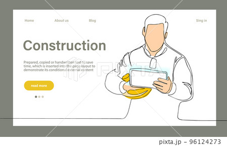 Vector landing page of architecture works with protective face masks for safety in machine industrial factory. Continuous one line drawing for your minimal design 96124273