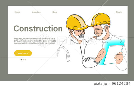 Vector landing page of architecture works with protective face masks for safety in machine industrial factory. Continuous one line drawing for your minimal design 96124284
