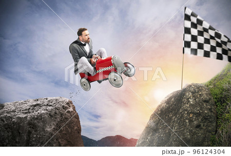 Fast businessman with a car wins against the competitors. Concept of success and competition 96124304