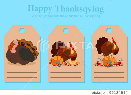 Collection of thanksgiving gift tags with lettering, turkey, pumpkins, autumn leaves, pilgrim hat 96124614
