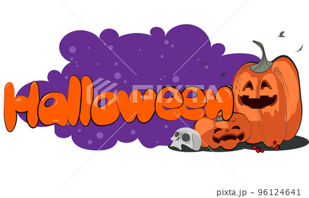 Happy Halloween banner or party invitation background with night clouds and pumpkins. Vector illustration. Full moon in the sky, spiders web and flying bats. Place for text 96124641